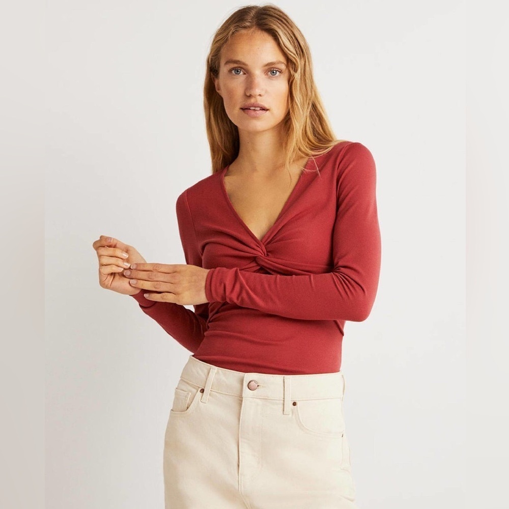 Boden Rust Red Twist-Front Long Sleeve Top